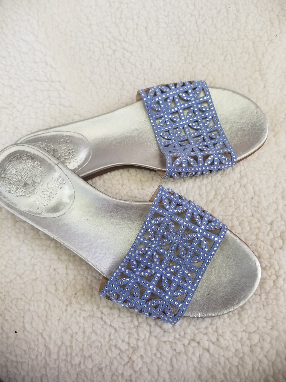Vince Camuto Blue Embellished Slide Sandals with Silver Footbed